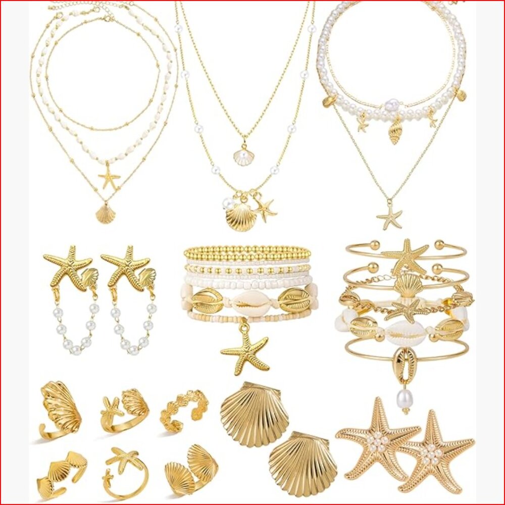 Starfish Seashell Jewelry Set Layer Necklace Bracelets Rings Earrings